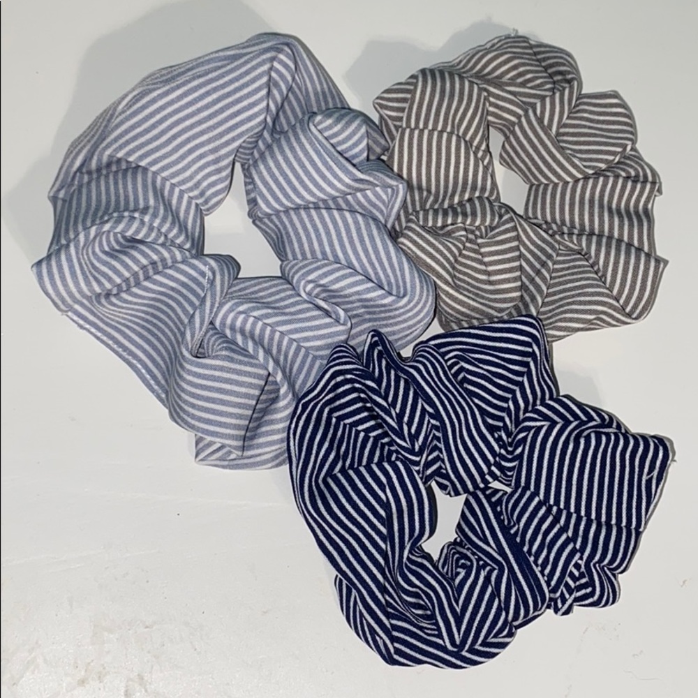 3 Blue Striped Scrunchies